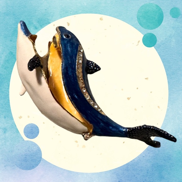 Blue Dolphin Enamel Hinged Magnetic Rhinestone Jewelry Trinket Box 3.5" - Picture 6 of 12